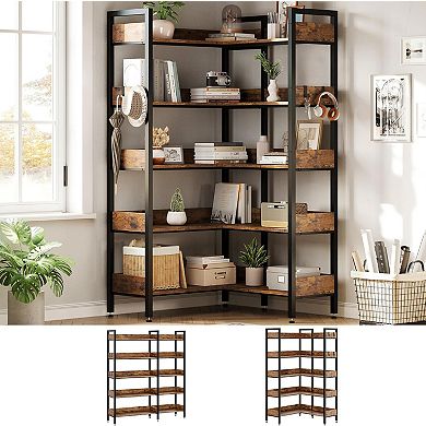 Corner Bookshelf, 5 Tier Convertible Corner Book Shelf, Modern Industrial Bookcase