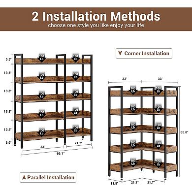 Corner Bookshelf, 5 Tier Convertible Corner Book Shelf, Modern Industrial Bookcase