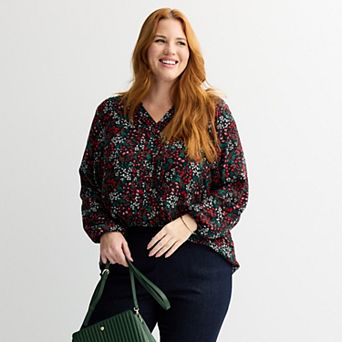 Plus Size Croft & Barrow® Split Neck Pintuck Blouse