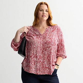 Plus Size Croft & Barrow® Split Neck Pintuck Blouse