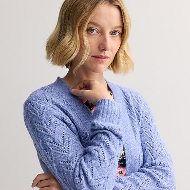 Petite Croft & Barrow® Cozy Pointelle Open-Front Cardigan
