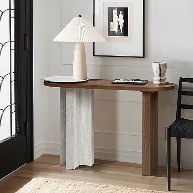 LuxenHome Travertine-Style MDF Wood Oval Console Table