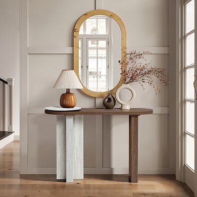 LuxenHome Travertine-Style MDF Wood Oval Console Table