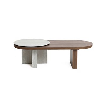 LuxenHome Travertine-Style and Walnut Finish MDF Wood Oval Coffee Table