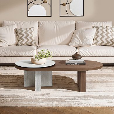 LuxenHome Travertine-Style and Walnut Finish MDF Wood Oval Coffee Table
