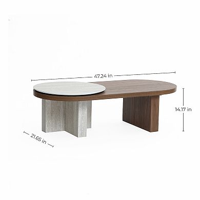 LuxenHome Travertine-Style and Walnut Finish MDF Wood Oval Coffee Table