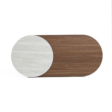 LuxenHome Travertine-Style and Walnut Finish MDF Wood Oval Coffee Table