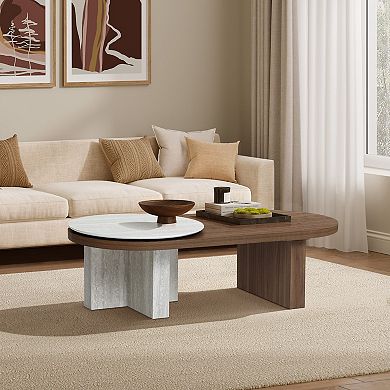 LuxenHome Travertine-Style and Walnut Finish MDF Wood Oval Coffee Table