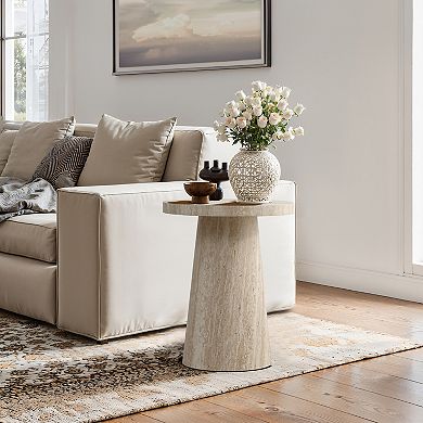 LuxenHome Stone Pattern Manufactured Wood 19.7-Inch Tall Round End and Side Table