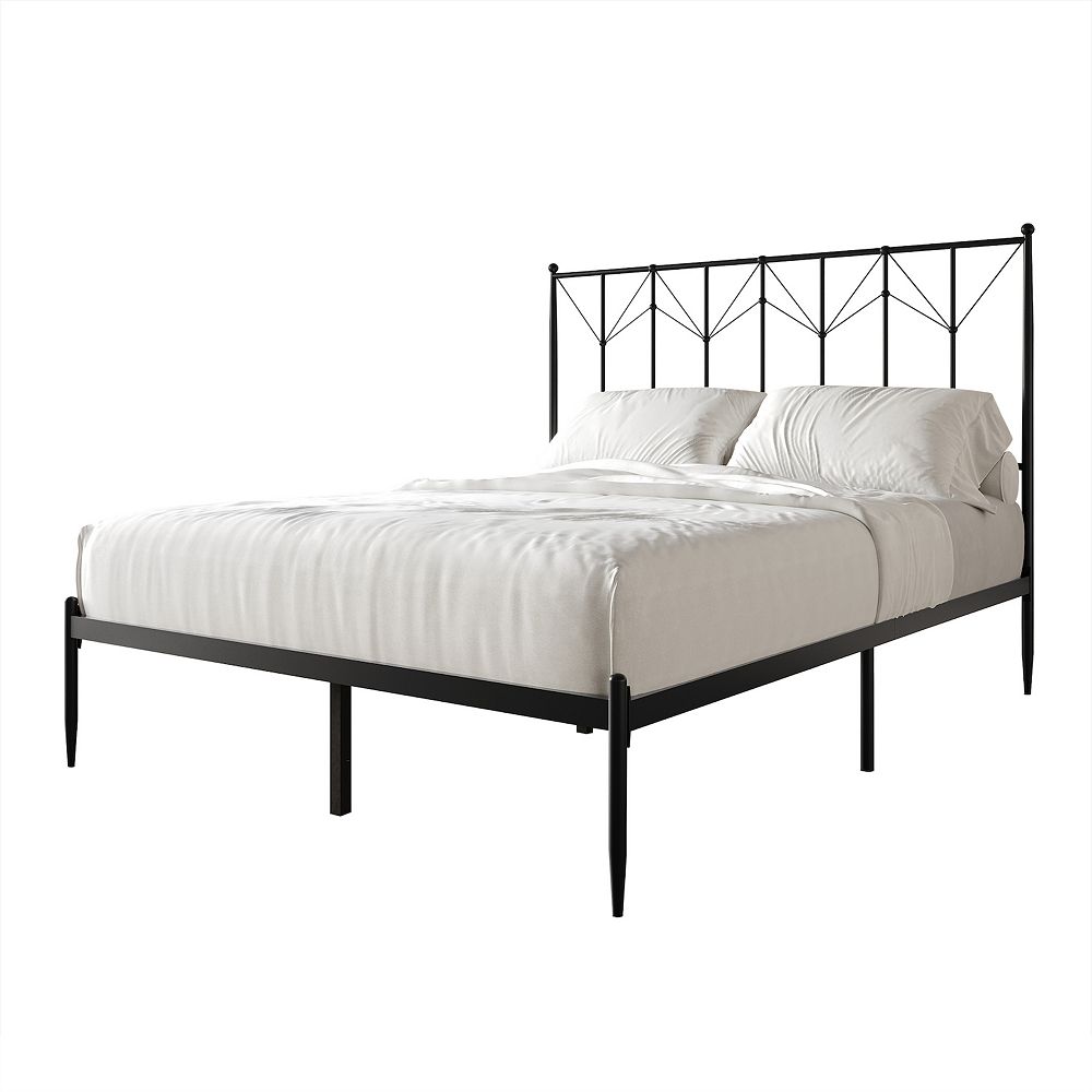 Single Platform Bed – Black Metal with Grey Padded Headboard main image 0