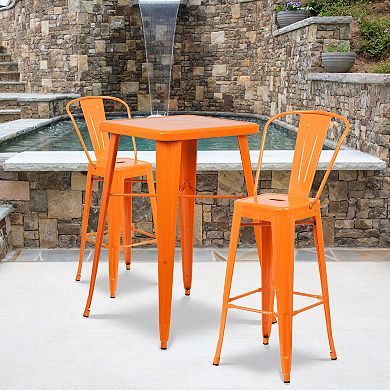 23.75'' Square Metal Indoor-Outdoor Bar Table Set with 2 Stools with Backs