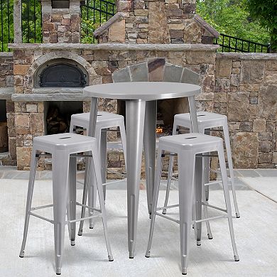 30'' Round Metal Indoor-Outdoor Bar Table Set with 4 Square Seat Backless Stools