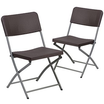 Flash Furniture 2 Pack Brown Rattan Plastic Folding Chair with Gray Frame - Event Chair