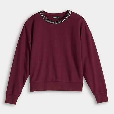 Petite Simply Vera Vera Wang Jeweled Neck Sweatshirt