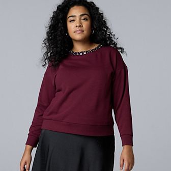 Plus Size Simply Vera Vera Wang Jeweled Neck Sweatshirt