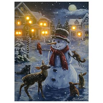 Snowman with Woodland Animals LED Canvas Wall Art