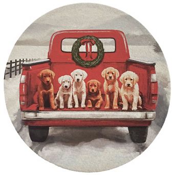 Holiday Puppies in Truck Round Canvas Wall Art