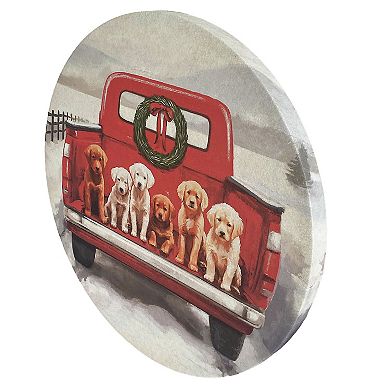 Holiday Puppies in Truck Round Canvas Wall Art