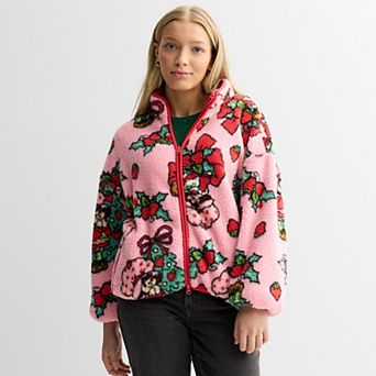 Juniors' Long Sleeve Zip Neck Fleece Pullover with Holiday Print