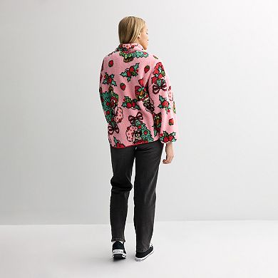 Juniors' Long Sleeve Zip Neck Fleece Pullover with Holiday Print