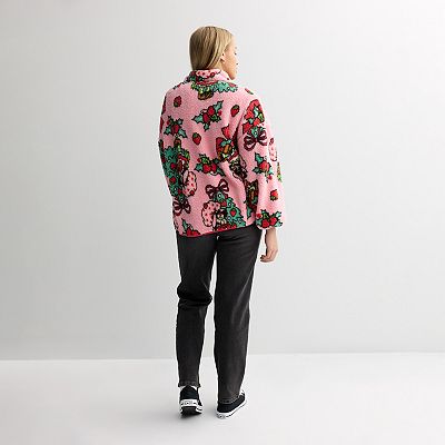 Juniors' Long Sleeve Zip Neck Fleece Pullover with Holiday Print