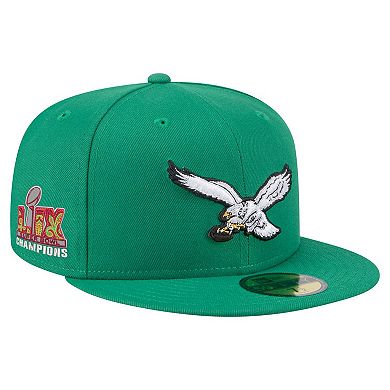Men's New Era Kelly Green Philadelphia Eagles Super Bowl LIX Champions Historic Side Patch 59FIFTY Fitted Hat