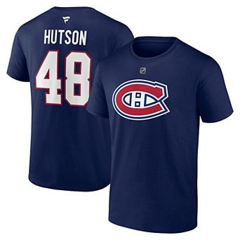 Men's Fanatics Lane Hutson Navy Montreal Canadiens Authentic Stack Name & Number T-Shirt
