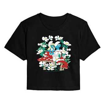 Juniors' Smurfs Flowers & Mushrooms Cropped Tee