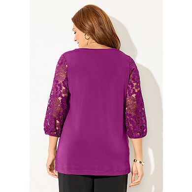Catherines Women's Plus Size Eyelet Sleeve V-Neck Top