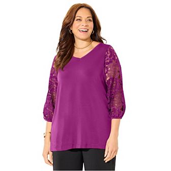 Catherines Women's Plus Size Eyelet Sleeve V-Neck Top