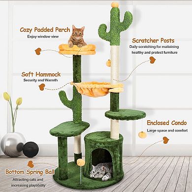 52" Tall Multi-Level Cactus Cat Tree with Padded Top Perch, Hammock, Fully Scratching Post