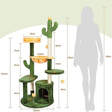 52" Tall Multi-Level Cactus Cat Tree with Padded Top Perch, Hammock, Fully Scratching Post