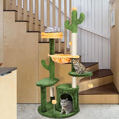 52" Tall Multi-Level Cactus Cat Tree with Padded Top Perch, Hammock, Fully Scratching Post