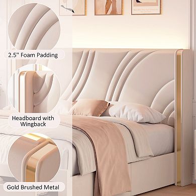 Merax Modern Upholstered LED Bed Frame with Storage Drawers, Velvet Platform Bed