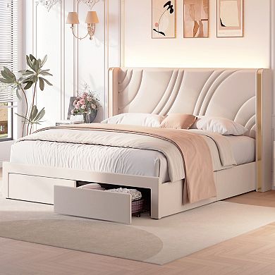 Merax Modern Upholstered LED Bed Frame with Storage Drawers, Velvet Platform Bed