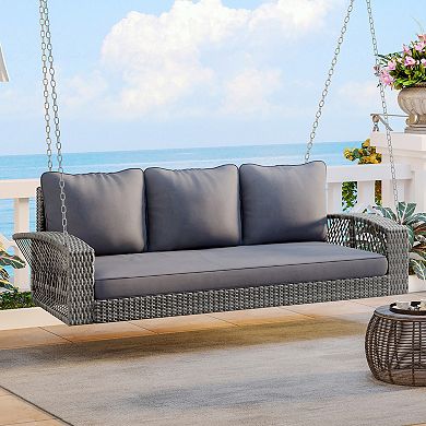 Merax 69" Outdoor PE Wicker Patio Swing Bench with Cushions & Chains