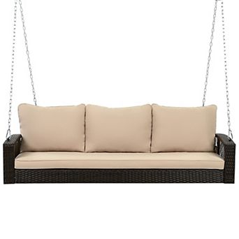 Merax 69" Outdoor PE Wicker Patio Swing Bench with Cushions & Chains