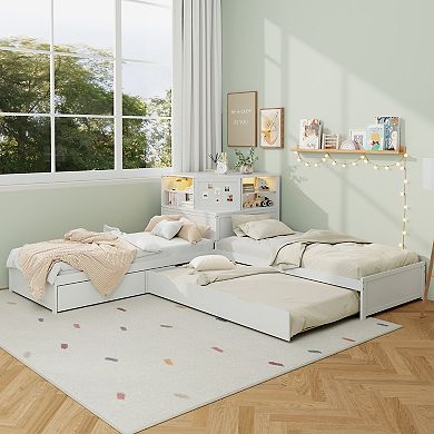 Merax L-Shaped Combination Twin Bed with Trundle and Drawer，3-in-1 Low Corner Platform Bed Linked