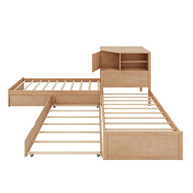 Merax L-Shaped Combination Twin Bed with Trundle and Drawer，3-in-1 Low Corner Platform Bed Linked
