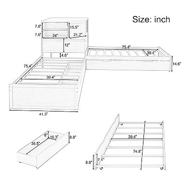 Merax L-Shaped Combination Twin Bed with Trundle and Drawer，3-in-1 Low Corner Platform Bed Linked