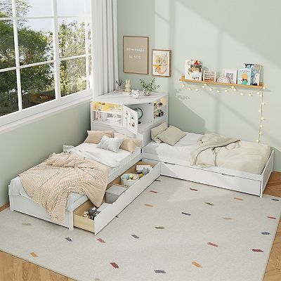 Merax L-Shaped Combination Twin Bed with Trundle and Drawer，3-in