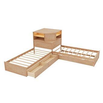 Merax L-Shaped Combination Twin Bed with Trundle and Drawer，3-in-1 Low Corner Platform Bed Linked