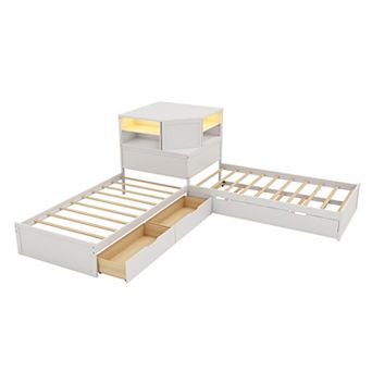 Merax L-Shaped Combination Twin Bed with Trundle and Drawer，3-in-1 Low Corner Platform Bed Linked