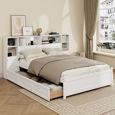 Merax Wooden Storage Bed with Tall Extended Bookcase Headboard