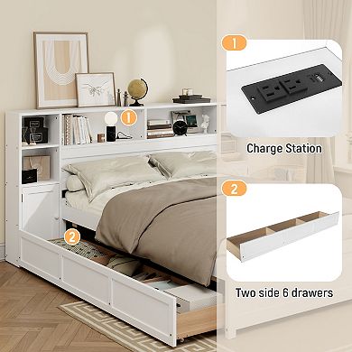 Merax Wooden Storage Bed with Tall Extended Bookcase Headboard