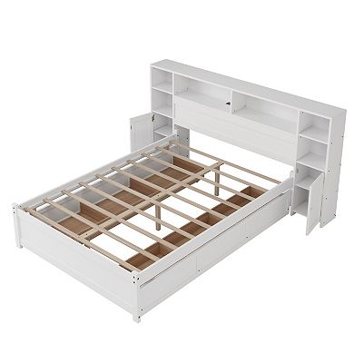 Merax Wooden Storage Bed with Tall Extended Bookcase Headboard