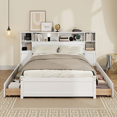 Merax Wooden Storage Bed with Tall Extended Bookcase Headboard