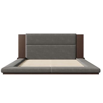 Merax Floor Upholstered Platform Bed with Extended Wood Headboard & Bedside Shelf