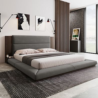 Merax Floor Upholstered Platform Bed with Extended Wood Headboard & Bedside Shelf