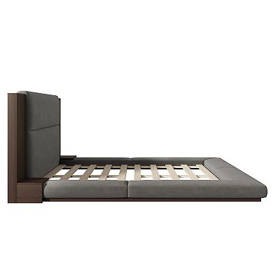 Merax Floor Upholstered Platform Bed with Extended Wood Headboard & Bedside Shelf